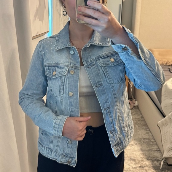 Light Blue Denim Jacket with Studded Shoulders - Picture 10 of 11